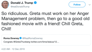 Tweet of Donald Trump criticising Greta Thunberg